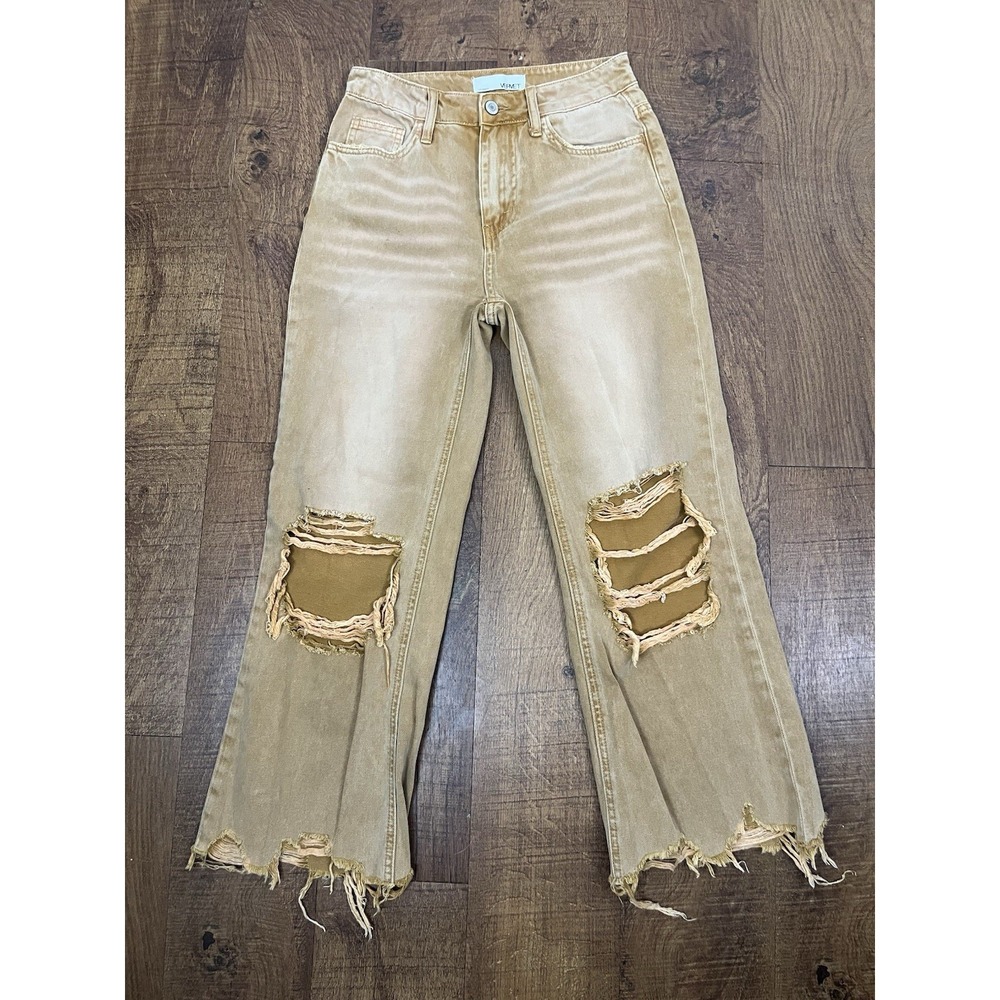 VERVET Kiss Of California Jeans Womens 24 Tan 90s Crop Flare Distressed - Picture 3 of 8